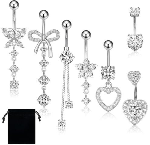 Leikedun 7pcs Belly Button Bars, Silver Stainless Steel Belly Bar Belly Button Piercing Kit, Dangly Belly Button Bars 14G Heart Bow Navel Piercing Jewelry for Womens Girls
