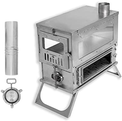 Titanium Tent Stove with Large Side Glass - Wood Burning Stove for Camping, Backpacking - Folding Small Stove with Chimney Pipes for Winter