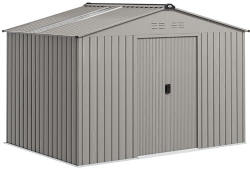 Outsunny Caseta de Jardín Exterior, 4,9 m² 277x195x192 cm, Cobertizo de Jardín Exterior Metálico con Techo de Fibra de Vidrio, Puerta Corredera, Base Refuerzo (Suelo NO Incluido) y Ventanas Gris Plata