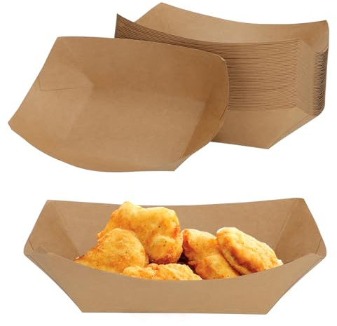 SEUICYNE 250 Stück 165x120x25mm Kraftkarton Schalen, Papier Fingerfood Schiffchen Braun Snackschale Papier Pommesschalen Pappschalen für Snacks Fastfood Salate Chips Knabbereien