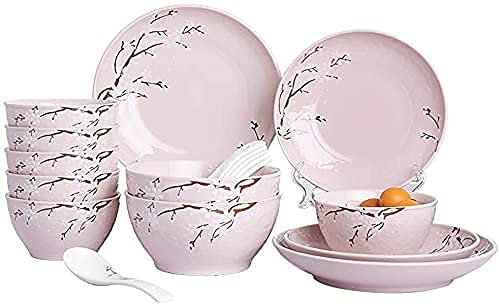 SGKOMN Set di stoviglie Classiche per Cucina e Sala da Pranzo, Set di stoviglie da 18 Pezzi - Set da Cucina in Ceramica Sakura - 8 Ciotole, 4 Piatti da Portata e 6 cucchia