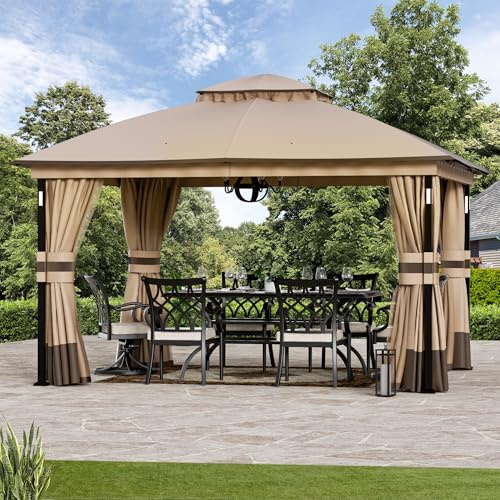 Modern Shade Gartenpavillon Doppeldach 3,3 x 4m mit LED-Beleuchtung & Bluetooth-Lautsprecher, Robuste Außenmarkise mit Metallrahmen, Pavillon mit Stoffdach, Netz und Vorhängen für Garten, Khaki