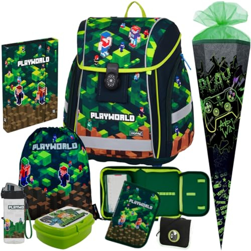 Pridera OB Premium Light - Playworld - Pixel - Schulranzen-Set 8tlg. mit Schultüte R, Brotdose Trinkflasche Brustbeutel, Heftbox A4 gratis