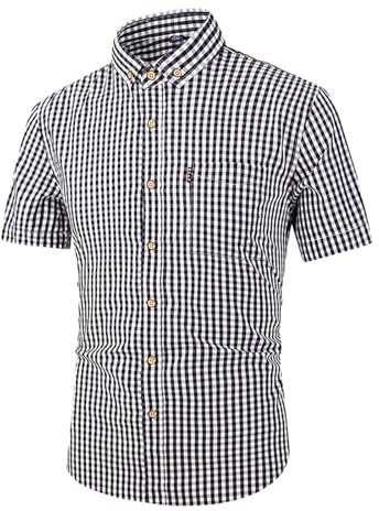 EQWIGKEIT Camisa a cuadros para hombre, corte regular, camisa de ocio, negocios, Oktoberfest, festival, a cuadros, manga corta, camisa informal con botones, cuello Kent, Negro , XL