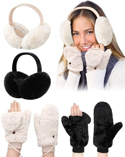 Jeere 4 Pack Winter Faux Fur Ear Muffs and Flip Mittens Set for Women Fingerless Gloves Fuzzy Ear Warmers Muffs Cover Outdoor(Black, White)