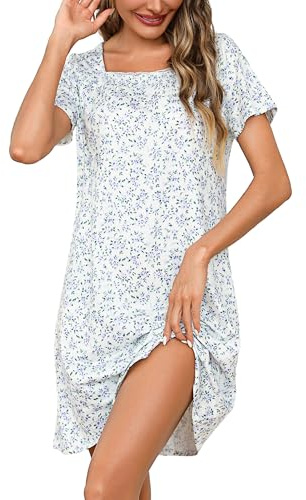 Litherday Nattlinne dam kortärmad spets nattskjortor fyrkantig hals pyjamas dam bekväm kort nattklänning, F vit, L