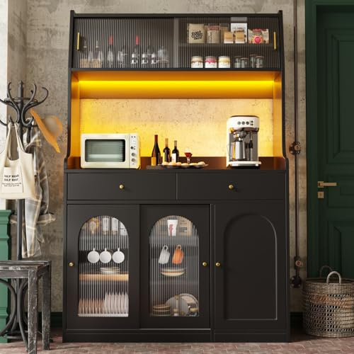KOMHTOM Armoire de Cuisine, Armoire de Salle à Manger, Buffet, Dispositif Anti-basculement, avec éclairage LED, Porte Coulissante en Verre et 2 Tiroirs de Rangement (Noir)