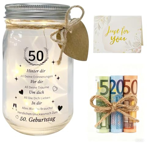 LED Leuchtflasche 50. Geburtstag, Geldgeschenk mit Spruch & Lichterkette | Inklusive Geburtstagskarte, kreative Geldgeschenk-Flasche, warmes LED-Licht, Batterien nicht enthalten