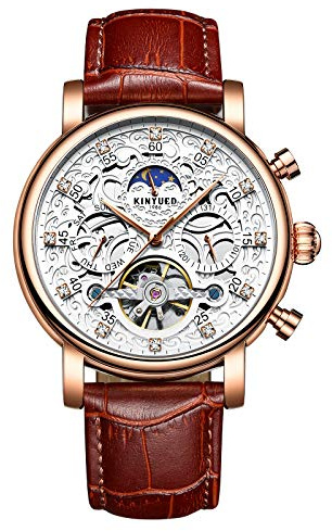 W WOLF-CUB Tourbillon herrklockor automatisk mekanisk affärsarmbandsur vattentät läderrem klocka för man skelett kalender månfas Reloj Hombre, roséguld och vit, Företag