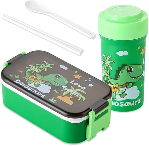 OZXVXZO Lunch Set avec Boîte à Lunch 900ML avec Couverts et Gourde 500 ML, Boîte à Déjeuner pour Enfant avec 2 Compartiments, Dinosaure, Vert