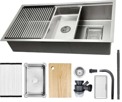 Fregadero de Cocina 80x50cm Acero Inoxidable 304, Kit Completo con Sifón y Drenaje, Escurridor, Tabla de Cortar, Cubeta Pequeña, Filtro Extra Grande, Resistente a Arañazos, Lavabo Bajo/Sobre Encimera