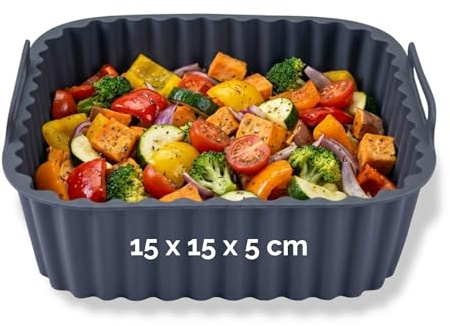 Fackelmann Silikonform für Heißluftfritteuse – 15 cm glatt, Eckig, Aschgrau, für knusprige Gerichte ohne Anhaften, Spülmaschinengeeignet