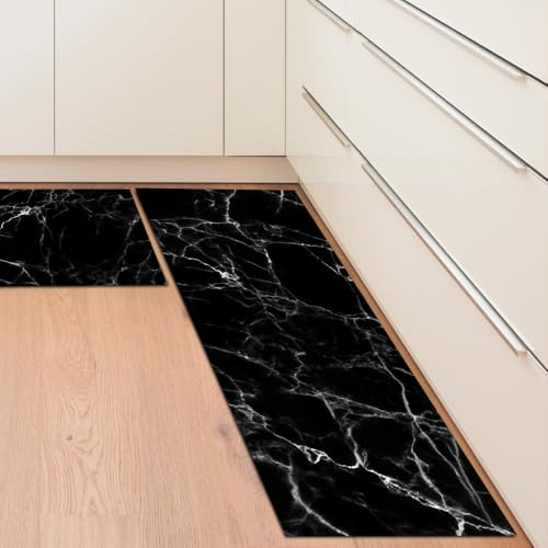 Winund Pack 2 Alfombra Vinilo Cocina Antideslizante – Alfombrilla Vinílica Lavable PVC para Cocina Moderna 43x72 y 43x120 cm (Black Marble)