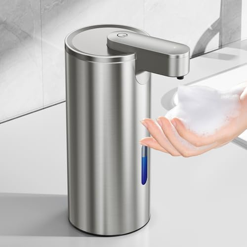 Fantictas Dispensador automático de jabón sin contacto, en acero inoxidable de 11,5 onzas, dispensador de jabón en espuma con ajuste en 3 niveles y bomba de sensor integrada para cocina y