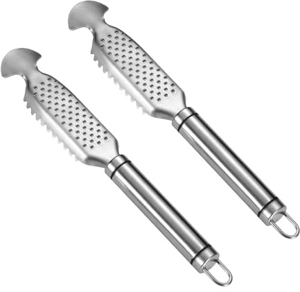 Veemoon Lot de 2 écailleurs à poisson en acier inoxydable : outil manuel pour gratter les fruits de mer et préparer les plats à la maison.