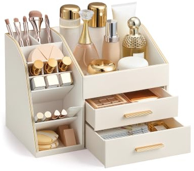 Lolalet Organizador de Maquillaje con Cajones, Cuero de PU, Soporte para El Cuidado de La Piel, Lápices Labiales, Pinceles de Perfume, Vitrina de Belleza para Tocador, Fácil de Limpiar -Crema