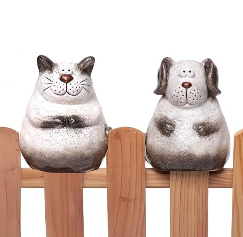 Annastore Zaunhocker Hund & Katze Terracotta Set H 16 cm Zaunfigur | Gartenfigur Set, Tierdeko für Zaun, Pfosten, Beet & Garten, Hund und Katze als Outdoor Dekoration Gartendeko