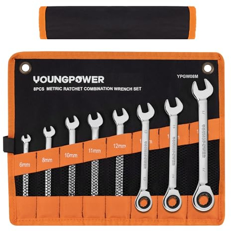 YOUNGPOWER 8-Piece Ratchet Spanner Set 6-17 mm, 72-Tooth, Cr-V Steel | Combination Spanners, Fixed Head, 72-Tooth Ratchet, 5° Arc Swing, Chrome Vanadium Steel, Mirror-Polished, Storage Pouch