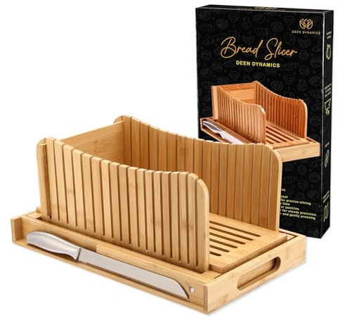 Deen Dynamics Premium Bamboo Bread Slicer for Homemade Bread, Bread Slicer with 3 Slice Thickness, Foldable bread slicer with Stainless steel knife and Compact Chopping Cutting Guide with Crumb Tray