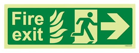 VSafety englisches Schild „Fire Exit“, leuchtet im Dunkeln, 300 x 100 mm, Pfeil rechts, fester Kunststoff