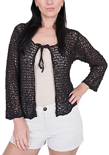 Mimosa Mujer Crochet Popcorn Bolero Liso de Encaje Elastico Cardigan Abierto (Talla única, Black Cardigan)