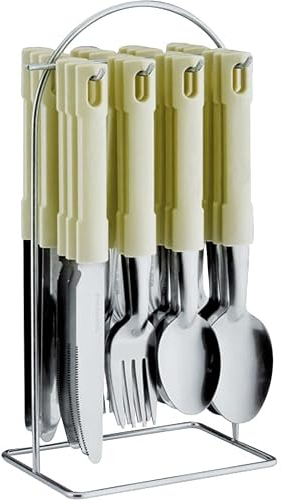 GALORE New 24PC Cutlery Dinner Set Stainless Steel Metal Stand Rack Forks Tea Spoons (Cream)
