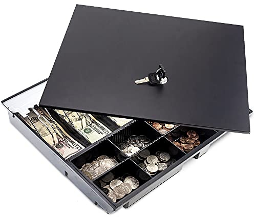 Volcora Cash Drawer Tray with Locking Cover - 14.1 x 13 x 2.5 Inch Metal Cash Lock Box with Lid - 5 Bill / 8 Coin Cash Tray Money Organizer - 16 Cash Registers with Fully Removable Tray