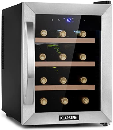 Klarstein Vinoteca 12 Botellas, Nevera Expositora Vino y Cerveza de Una Zona, Pequeña, Interior y Exterior con Puerta de Cristal, Protección UV, Panel Táctil, 4-22°C
