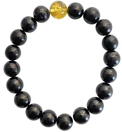 Schungit Armband mit 19 Stück Perlen 10mm + 1 Bernstein Perle 10mm | Gesamtlänge 20cm Gewicht 22g