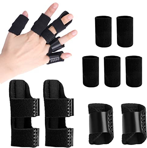 AIEX 4 st utlösande fingerskenor och 5 st fingerlindringshylsor smärtlindring, fingerstabilisator, fingerskena, hängslen för trasiga fingrar (2 storlekar)