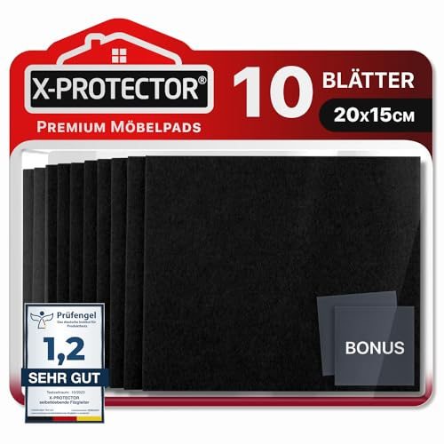 X-Protector Filzgleiter 10 Stück 20 x 15 x 0.5 cm - Prämie Möbelgleiter Schwarz - Filz Selbstklebend - Bodenschoner für Stühle - Große Menge an Filzgleiter Selbstklebend - Schützen Sie Ihre Böden
