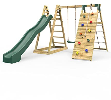 Rebo® Wooden Pyramid Climbing Frame with Swings and 8.7ft Water Slide - Angel | OutdoorToys | Kids' Outdoor Wooden Garden Play Equipment, Children's Jungle Gym