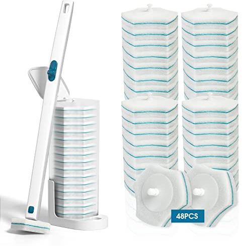Einweg-Toilettenbürste, WC-Bürsten, Toilettenstab-Kit, Einweg-Toilettenschüsselbürste, Einweg-Toilettenreinigungssystem-Toilettenstab für die Badezimmerreinigung, 48 Nachfüll-Reinigungsköpfen