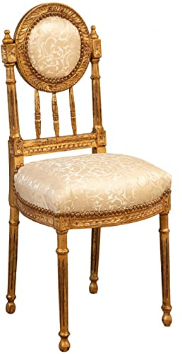 Biscottini Sedia antica 99x43x37,5 cm | Sedie luigi XVI anticata oro | Sedia imbottita stile francese | Poltroncina camera da letto in tessuto beige