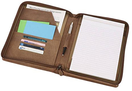 MoreThanHip Brighton Luxus Schreibmappe A5 Matt Braun - Handgefertigte Dokumentenmappe mit Reißverschluss aus Öko-Leder Premium