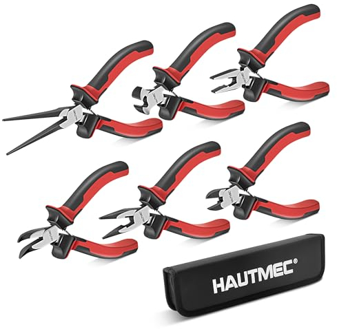 HAUTMEC 6PCS Mini Pliers Set High Leverage Multi Small Pliers Tool Set with Small Needle Nose Pliers Set, Linesman, Long Nose, Bent Nose, Diagonal Cutters, End Cutting Plier for Jewelry and Electronic