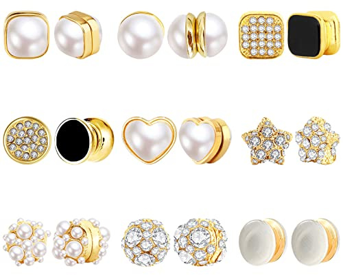 NEWITIN 9 Pairs Magnetic Stud Earrings for Women Clip on Earring Magnet Studs Inlaid Cubic Zirconia Pearl Stud Earring Fashion Non Piercing Magnetic Earrings for Women Men
