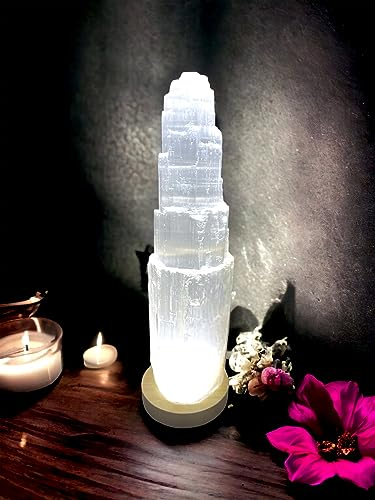 Selenite Crystal White Light LED USB Lamp Handmade Natural Energy Healing Clarity and Meditation Mountain Tower Lamp Home Decoration Occasion Gift Table Lamp Mineral Wooden Base (20cm)