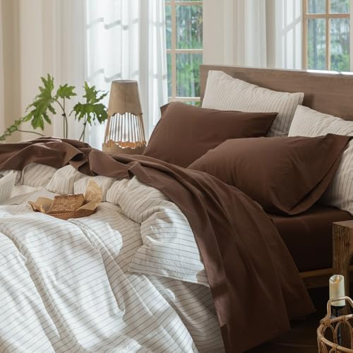 MooMee Bedding Sheet Set 100% Washed Cotton Linen Like Textured Breathable Durable Soft Comfy (Solid Cocoa Brown, King)