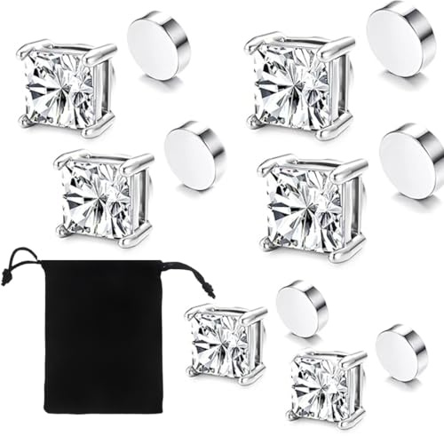 XOUDKE Acero Inoxidable Imanes Pendientes 3 pares Pendientes Diamante Magnéticos Sin Agujero Perforación Ornamento de Oídos Magnético para Hombre y Mujer