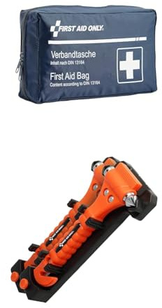Bundle aus First Aid Only Kfz Verbandtasche DIN 13164 + First Aid Only 2-in-1 Notfallhammer mit Gurtschneider (2 Stück)