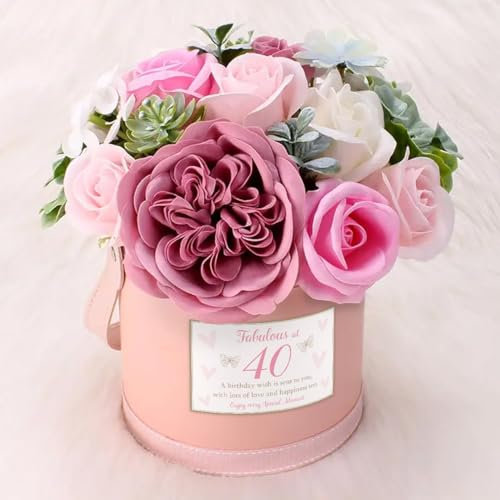 40th Flowers, Birthday Gifts for Women, Soap Flower Bouquet, Thoughtful Gifts for 40th, Forty, Fortieth Birthday, Pink Roses, Artificial Flowers, Gift Box