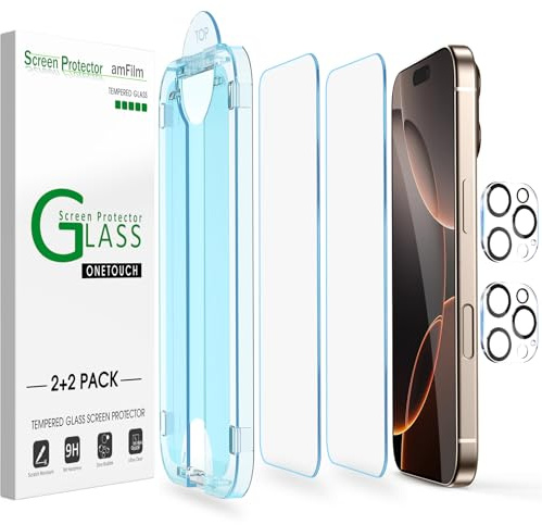 amFilm Auto-Alignment OneTouch for iPhone 16 Pro Max [6.9''] Screen Protector + Camera Lens Protector, Tempered Glass, 30 Seconds Installation, Bubble Free, Case Friendly, Anti-Scratch 2 Pack