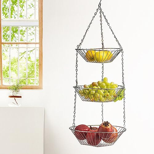Corbeille à fruits suspendue à 3 étages avec crochets et support de suspension pour fleurs, panier de cuisine en fer pour fruits, pain, légumes et aliments