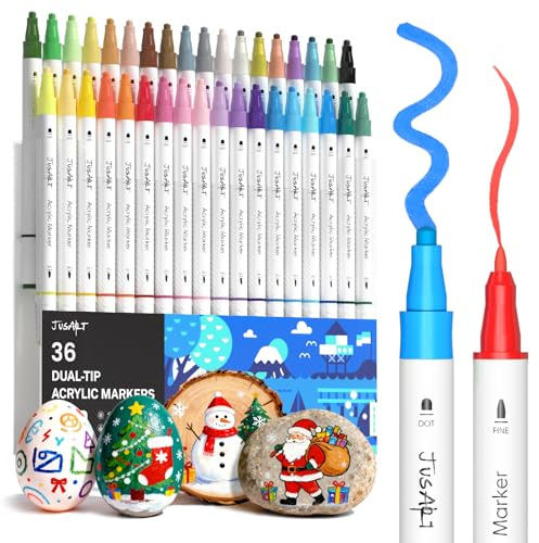 JusArt Marcadores de pintura acrílica de 36 colores, marcadores de doble punta con puntos y punta fina para roca, tela, madera, vidrio, cerámica, lienzo, suministros de arte vibrantes y suministros de