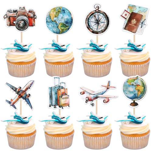 Xsstarmi 40 Pack Travel Theme Cupcake Toppers - Let the Adventure Begin - Compass Map Luggage Airplane Cake Decorations for Travel, Farewell, Birthday Parties - Blue
