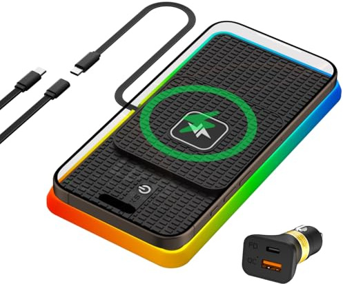 Wireless Charger Auto Ladepad RGB, Polmxs 15W USB C Induktives Laden Auto Matte rutschfest Induktive Ladestation Auto LED Ladematte Kompatibel mit iPhone 16 15 14 13 12 Airpods Samsung Galaxy Google