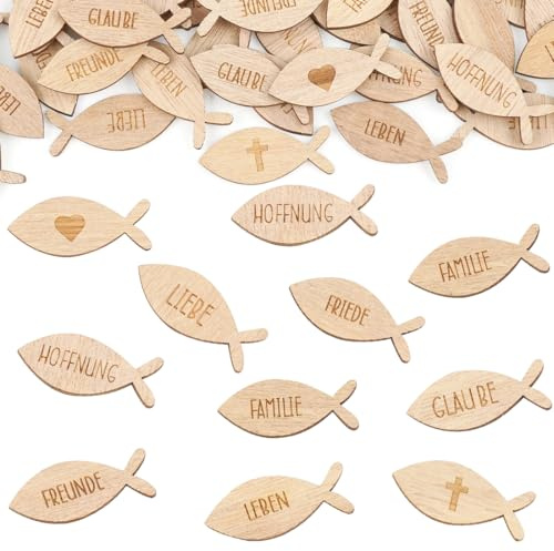 Capaneus 90 Stück Tischdeko Konfirmation Kommunion Taufe, Holzfische Deko, Streudeko für Junge Mädchen Firmung, Beige, Holz