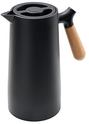 KVOTA Thermos 1 L Isolierkanne Thermoskanne mit Glaskolbe, Farbe Schwarz, Holzgriff, Deckel mit 1-Click Öffnung.