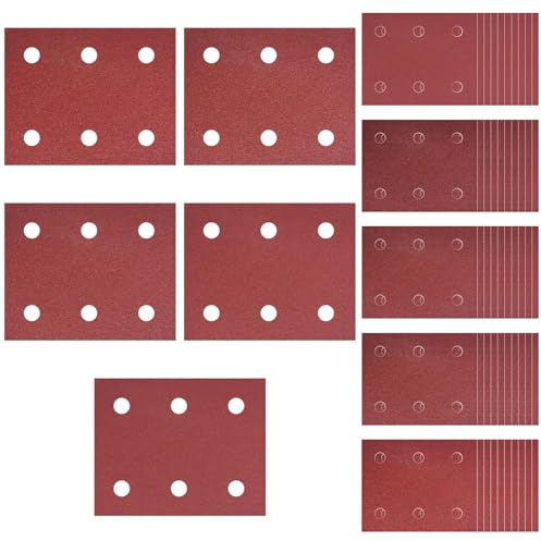 Lot de 50 feuilles abrasives de 102 mm x 114 mm - Feuilles abrasives 40/60/80/100/120 - Papier abrasif Velcro - 8 trous - Accessoire pour ponceuse multifonction - Ponceuse vibrante - Sander Sandpapie